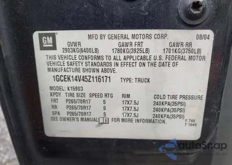 2005 Chevrolet Silverado 1500 Work Truck z USA, uszkodzony, nr VIN 1GCEK14V45Z116171